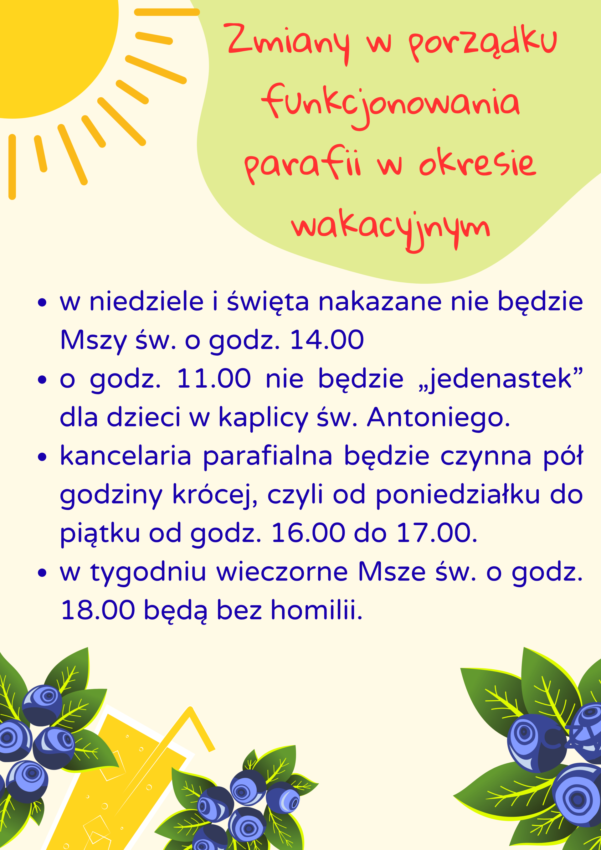 ZMIANY W PORZĄDKU FUNKCJONOWANIA PARAFII W OKRESIE WAKACYJNYM