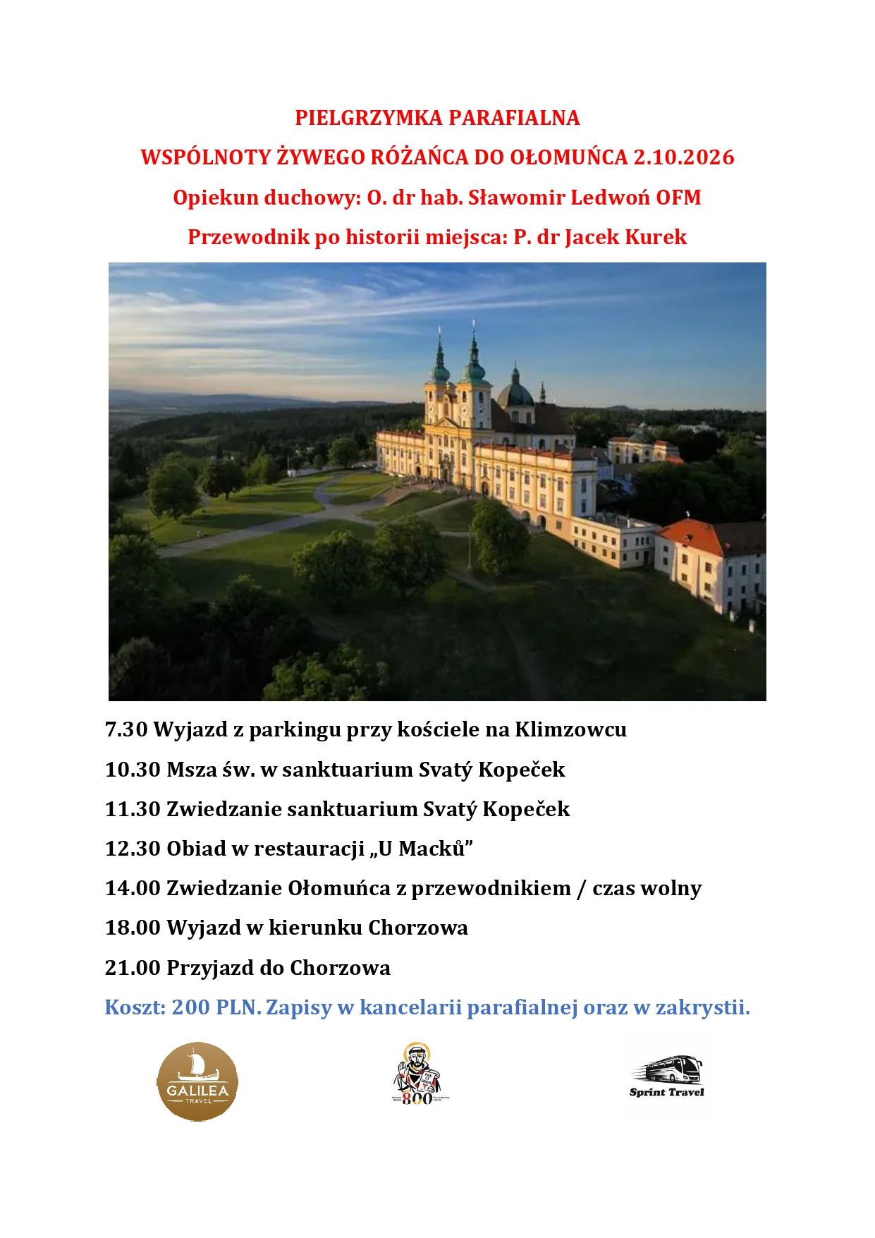 ZAPRASZAMY NA PIELGRZYMKĘ DO OŁOMUŃCA
